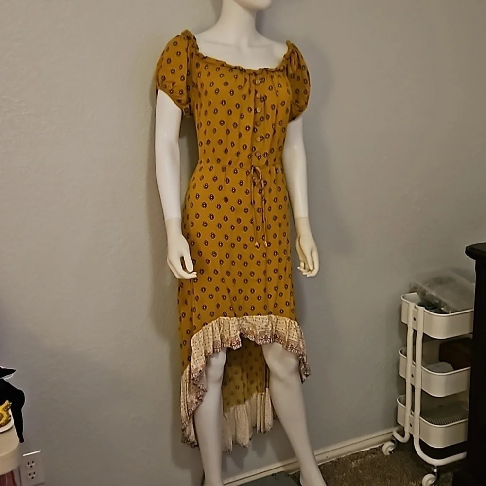 VTG Y2k Mustard Floral Ruffle Off Shoulder High-Low Prairie Boho Dress - Picture 2 of 8